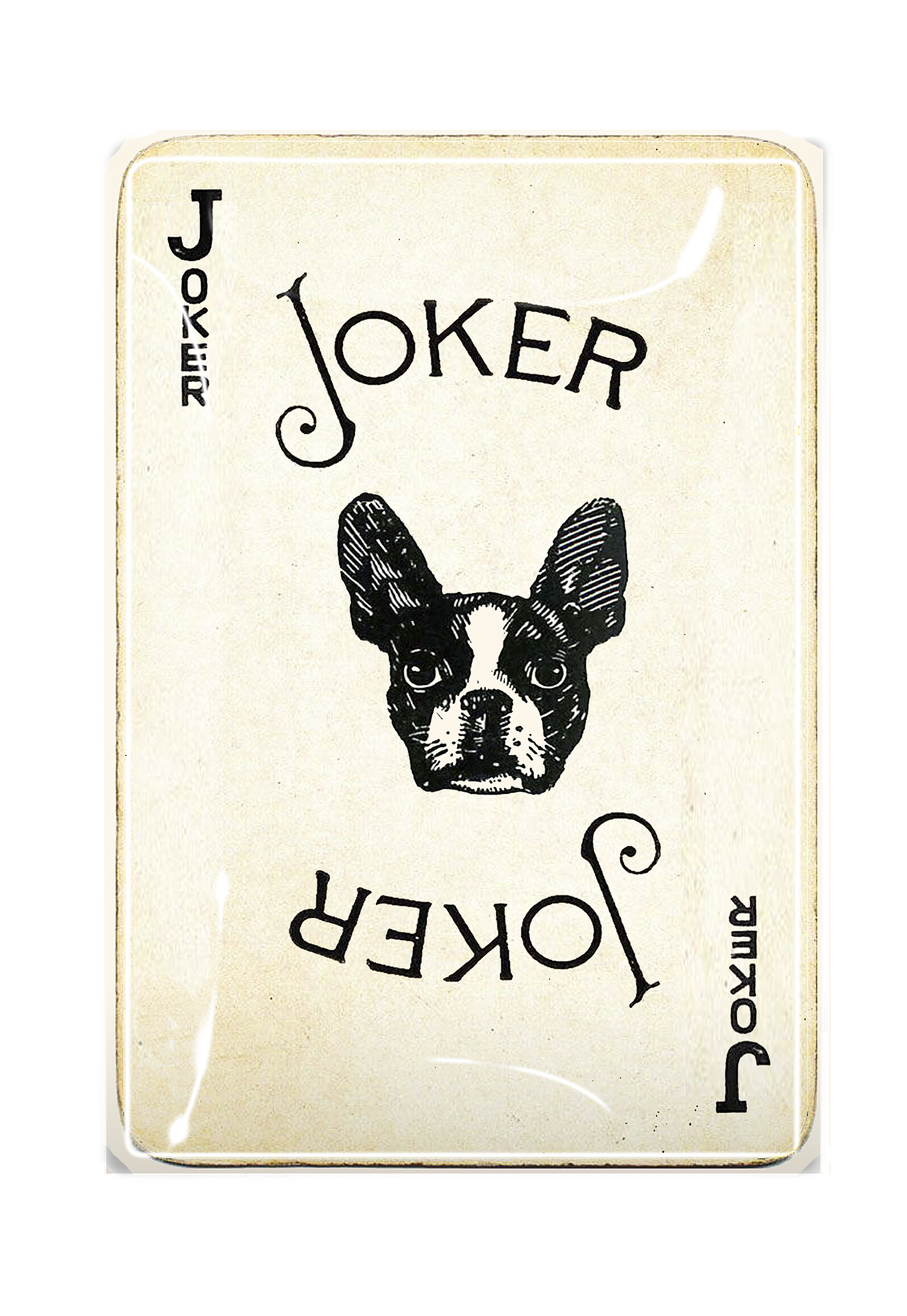 Bensgarden.com | Frenchie Joker Playing Card Decoupage Glass Tray - Ben's Garden. Made in New York City.