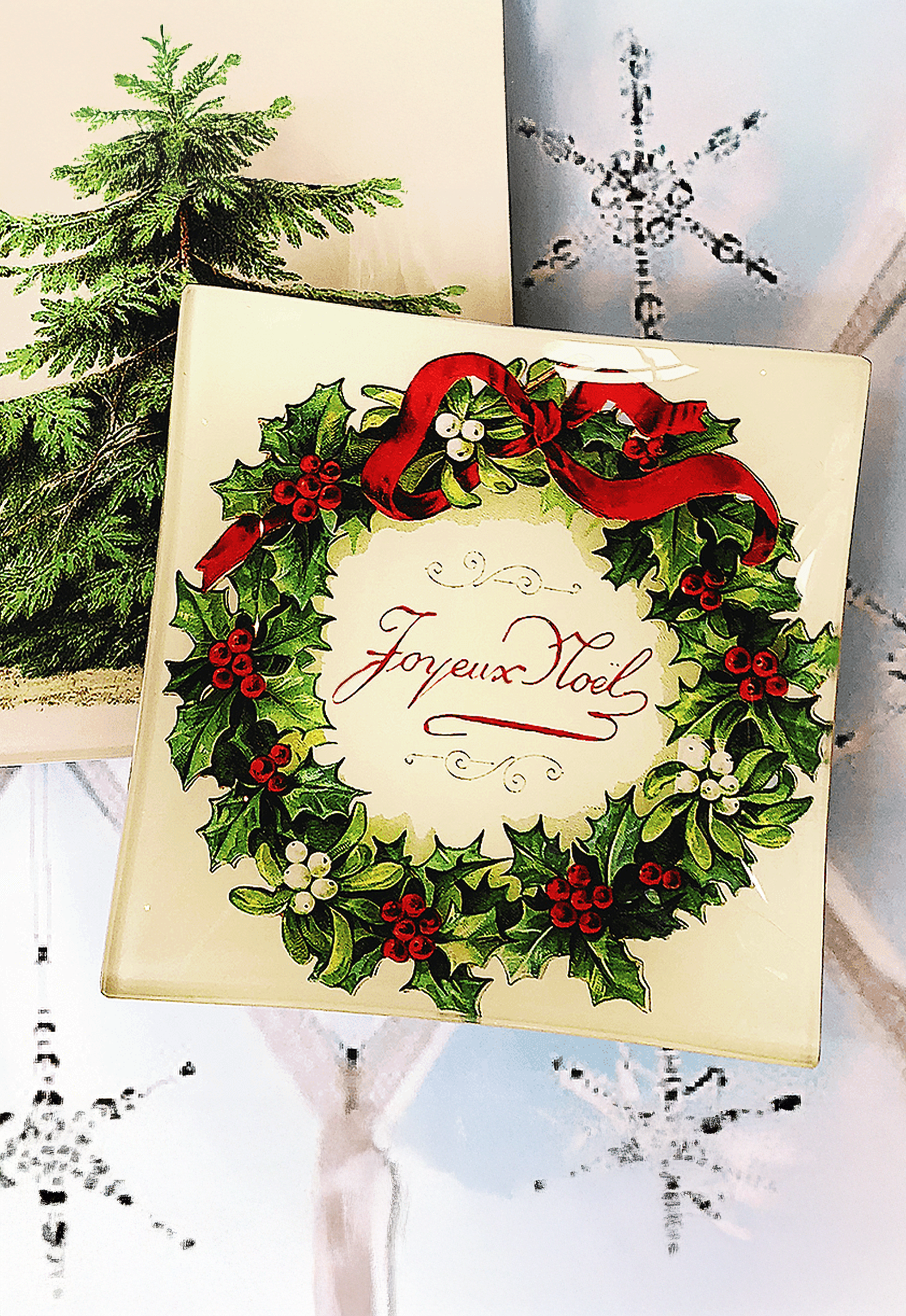 Joyeux Noel Wreath Decoupage Glass Tray