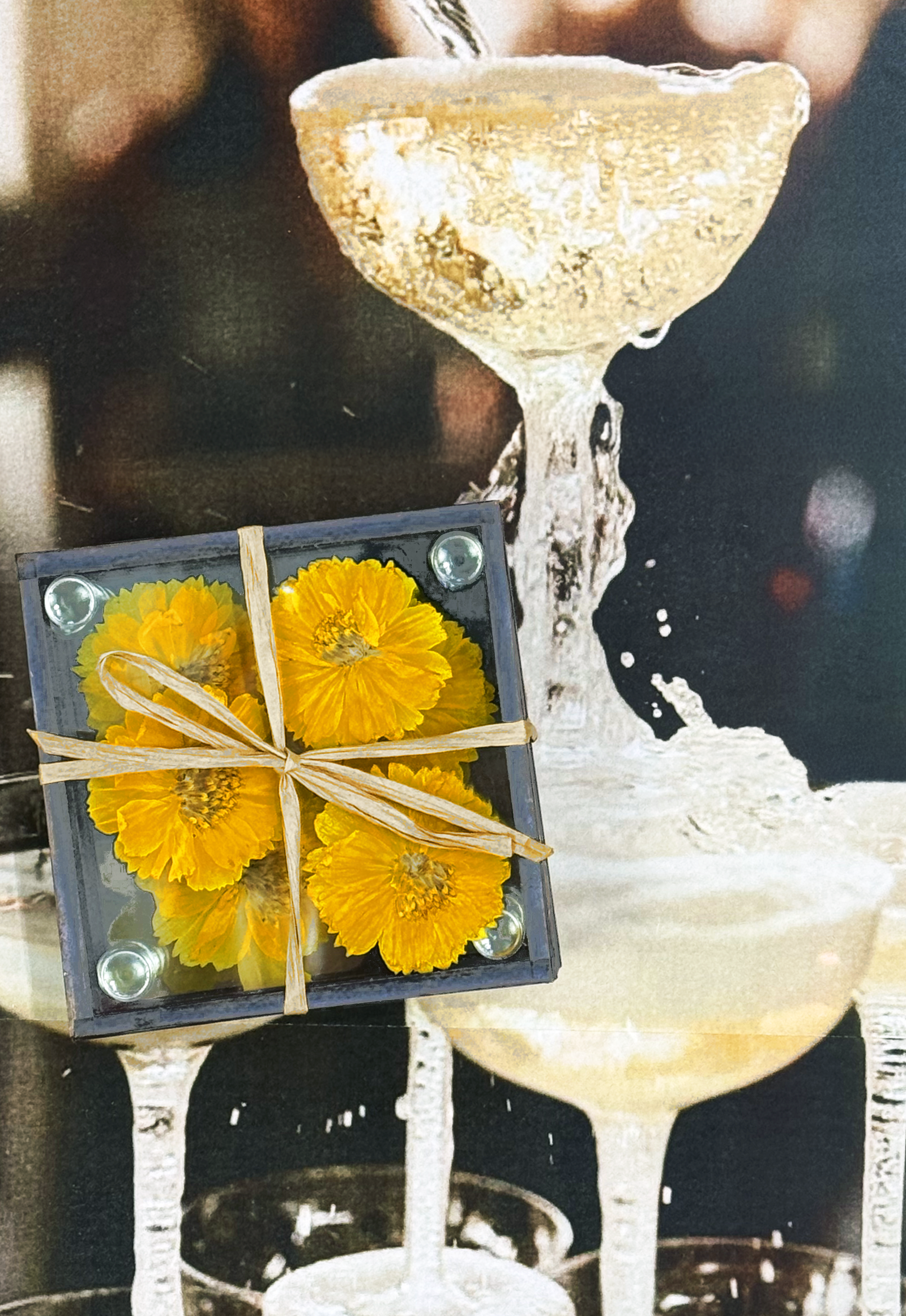 Pressed Flower Sunflower Copper & Glass Coasters, Set/ 4