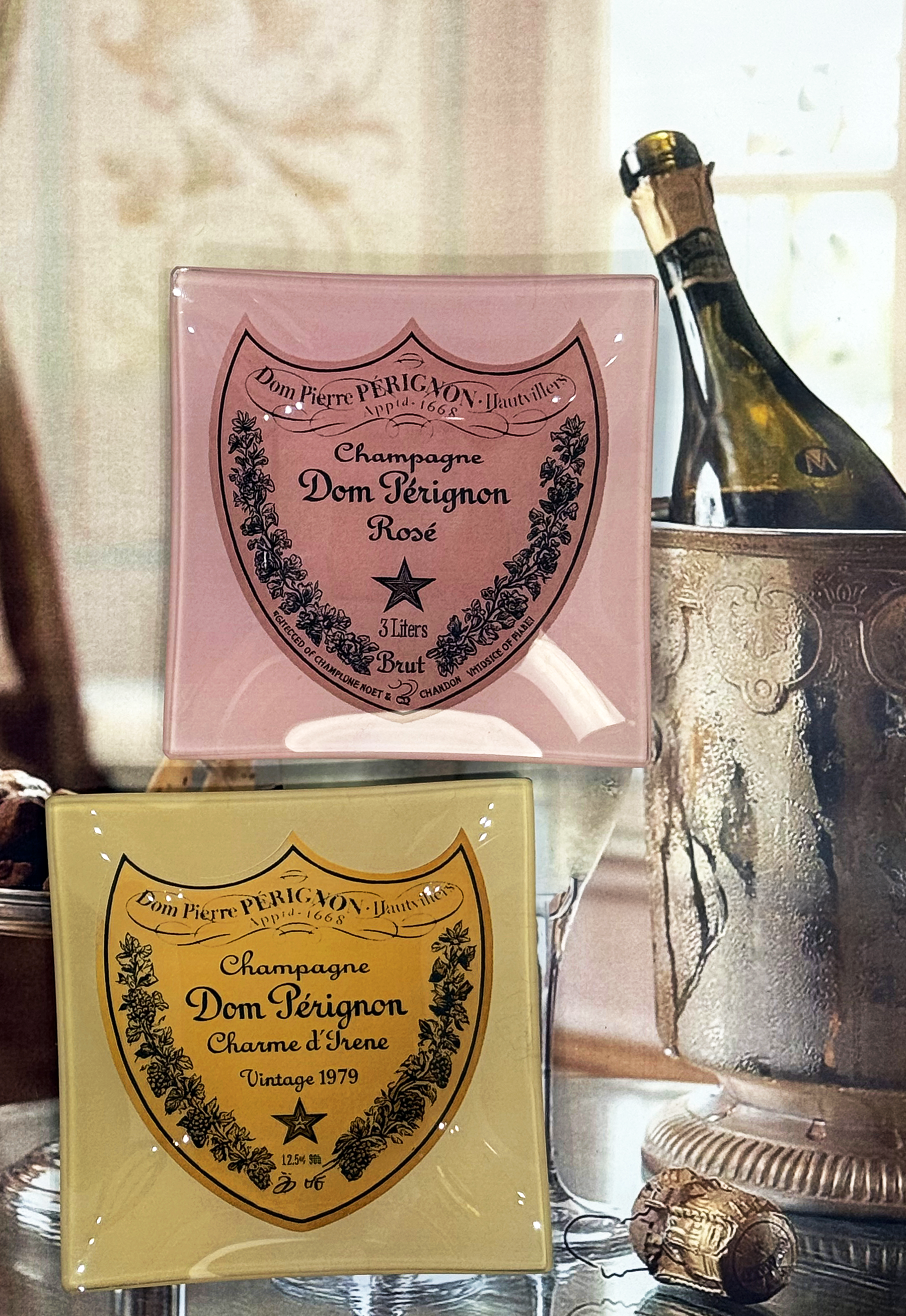 Vintage Dom Perignon Brut Decoupage Glass Tray