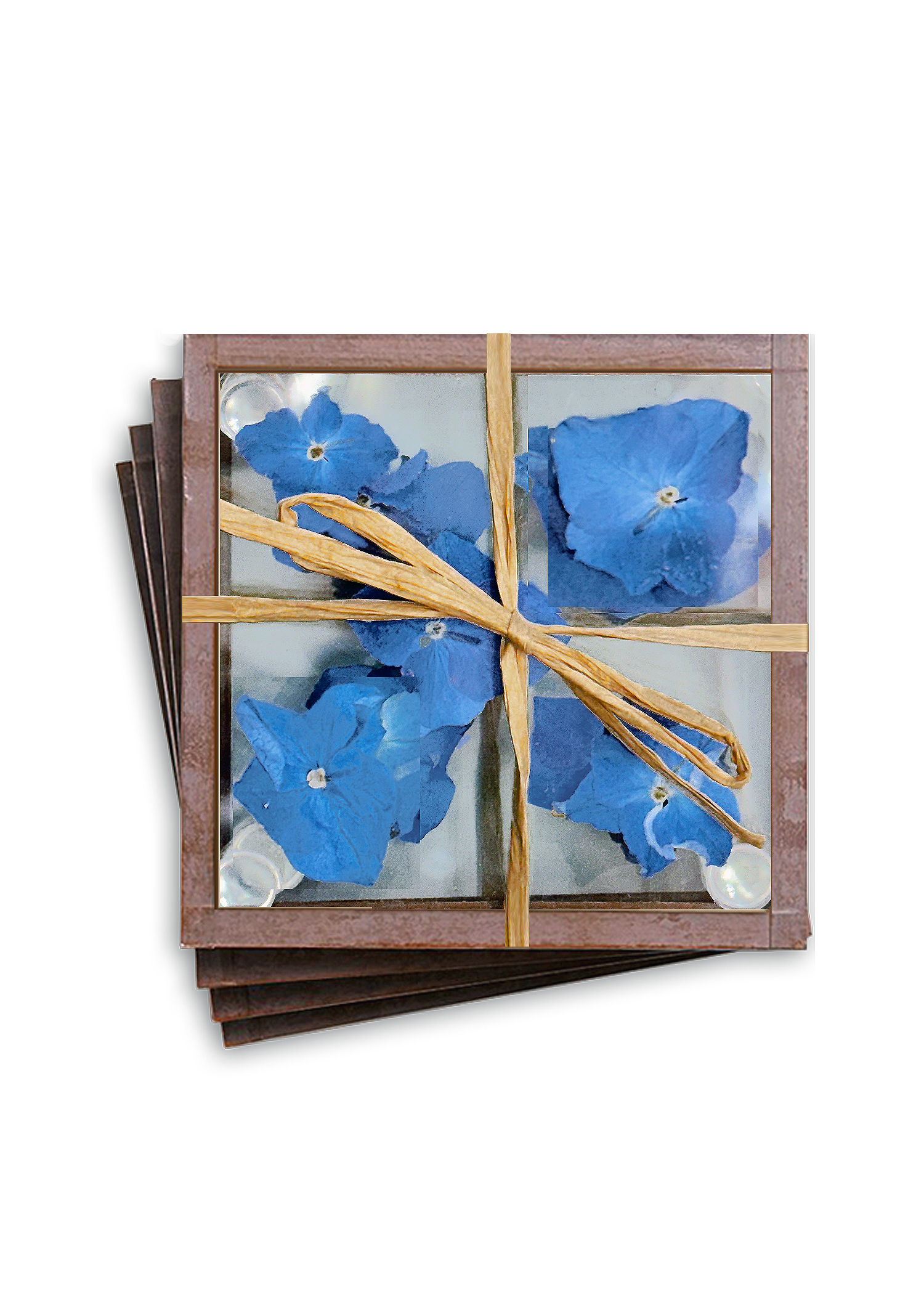 Pressed Flower Hydrangea Copper & Glass Coasters, Set/ 4