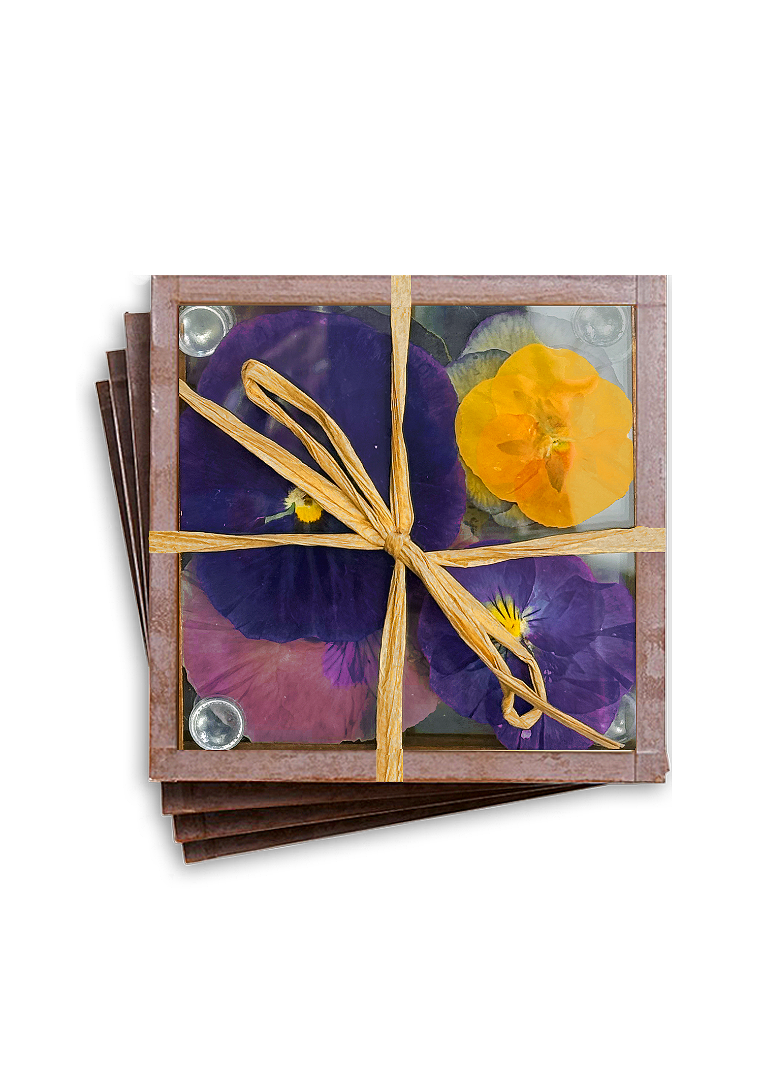 Pressed Flower Pansy Copper & Glass Coasters, Set/ 4