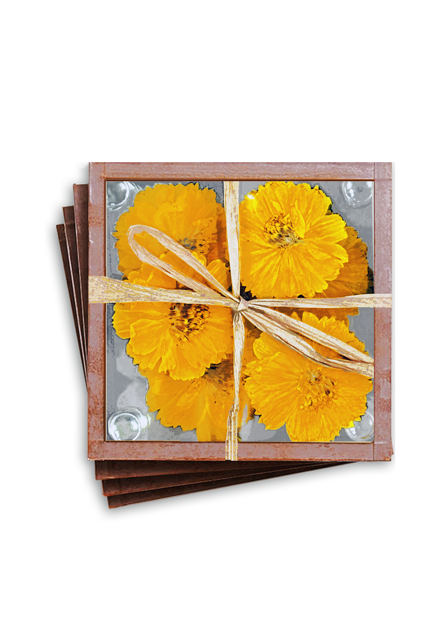 Pressed Flower Sunflower Copper & Glass Coasters, Set/ 4