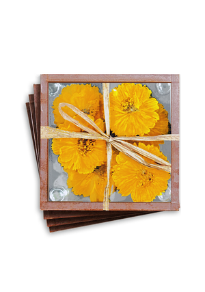 Pressed Flower Sunflower Copper & Glass Coasters, Set/ 4