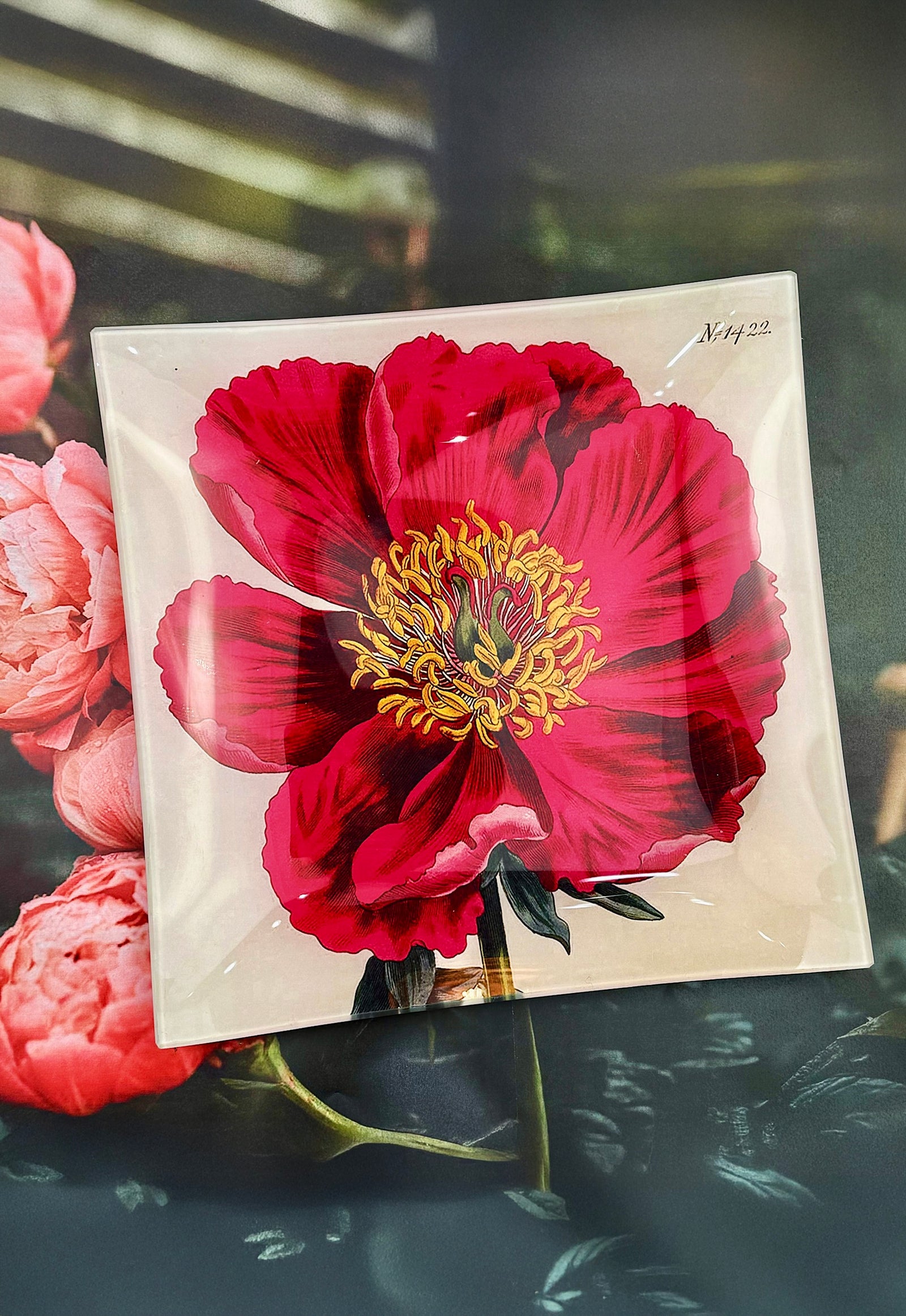 Crimson Japanese Peony Decoupage Tray