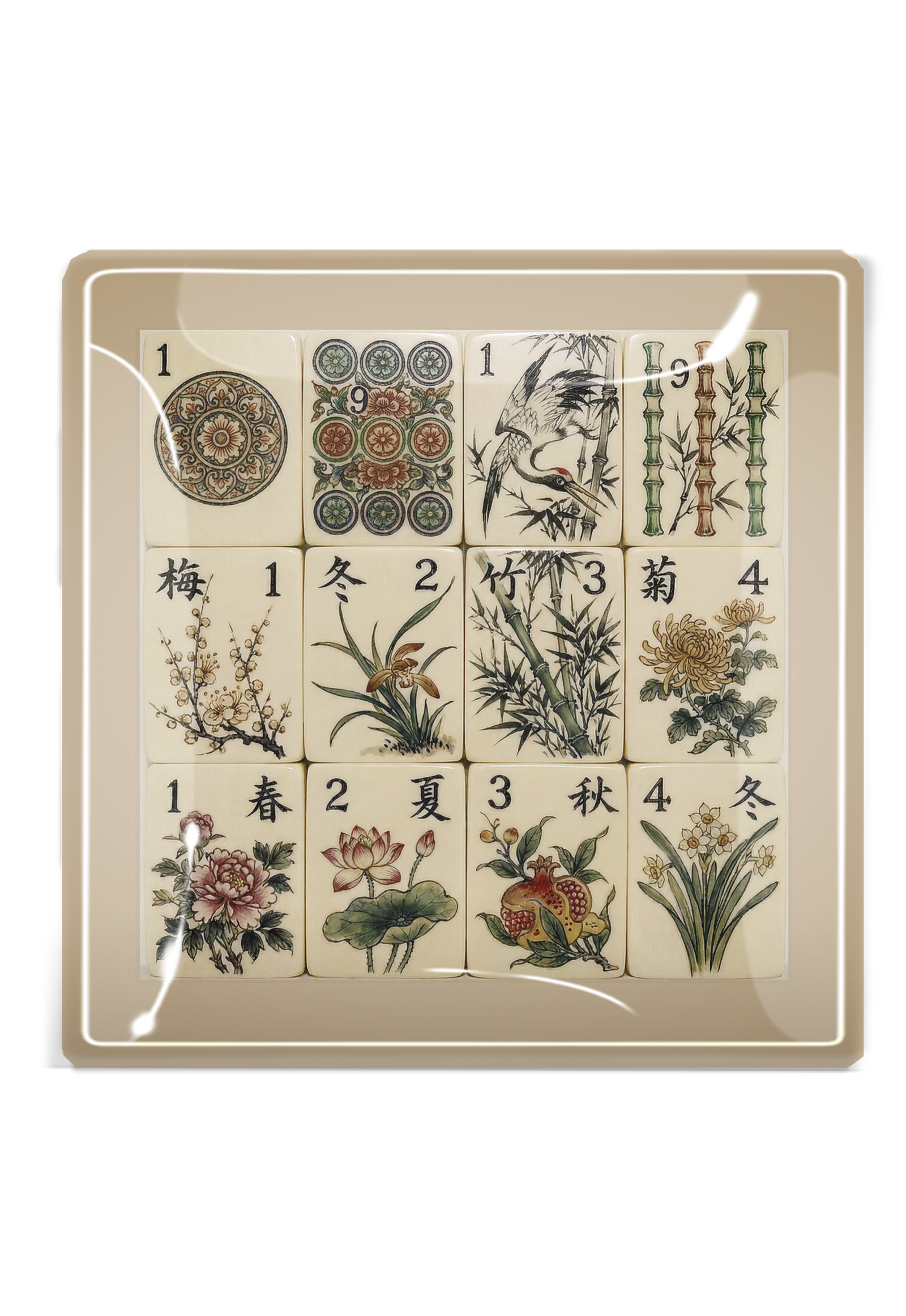 Four Seasons Mahjong Decoupage Glass Tray