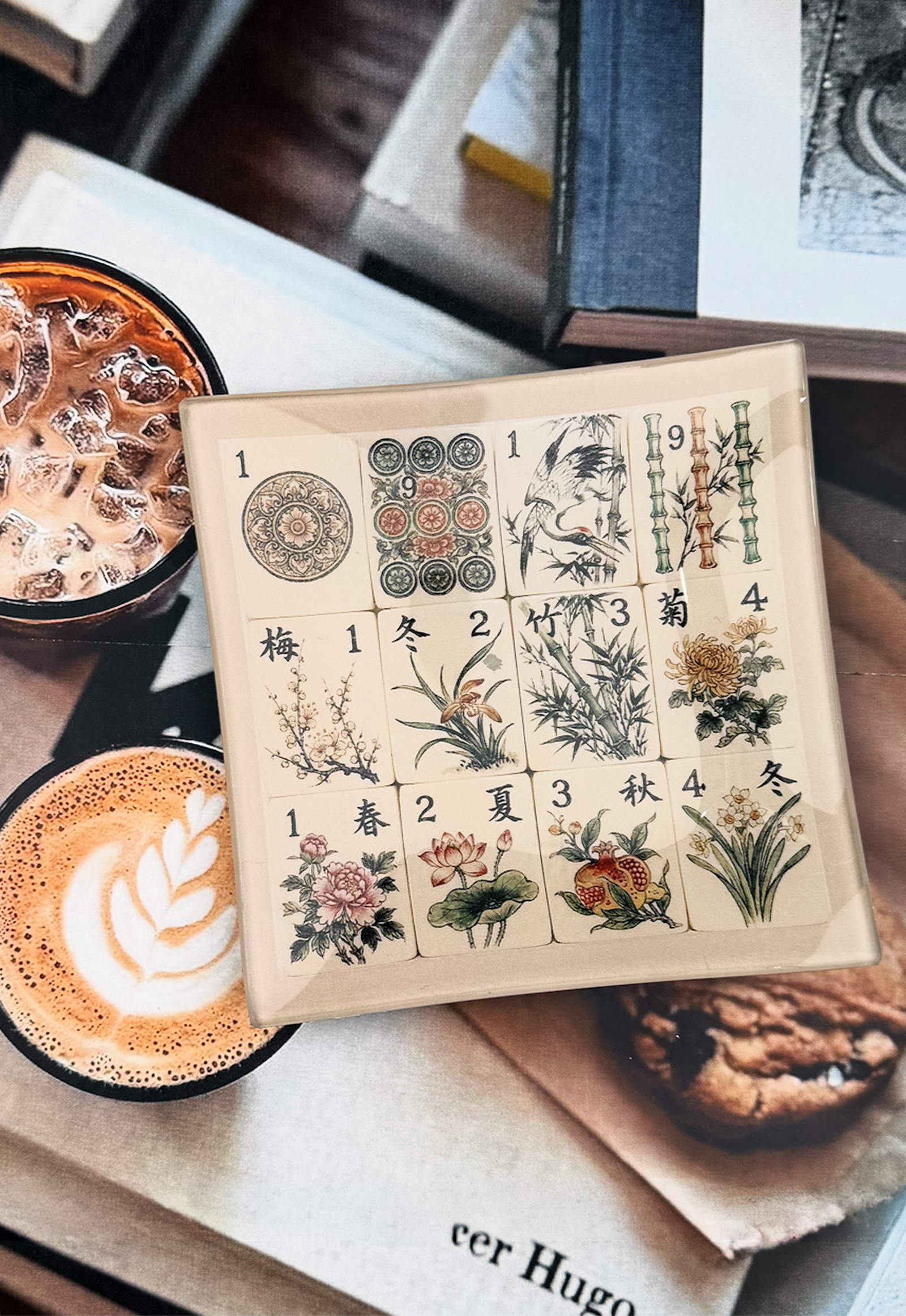 Four Seasons Mahjong Decoupage Glass Tray