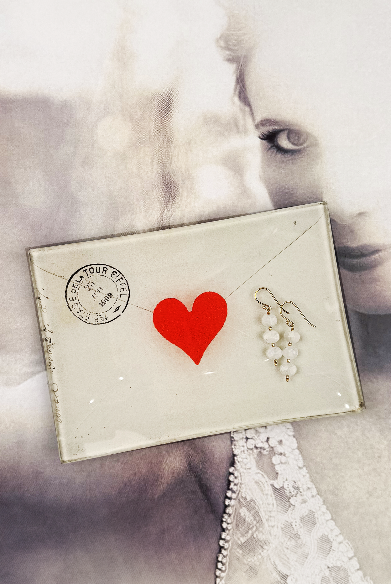 French Envelope With Heart Decoupage Glass Tray