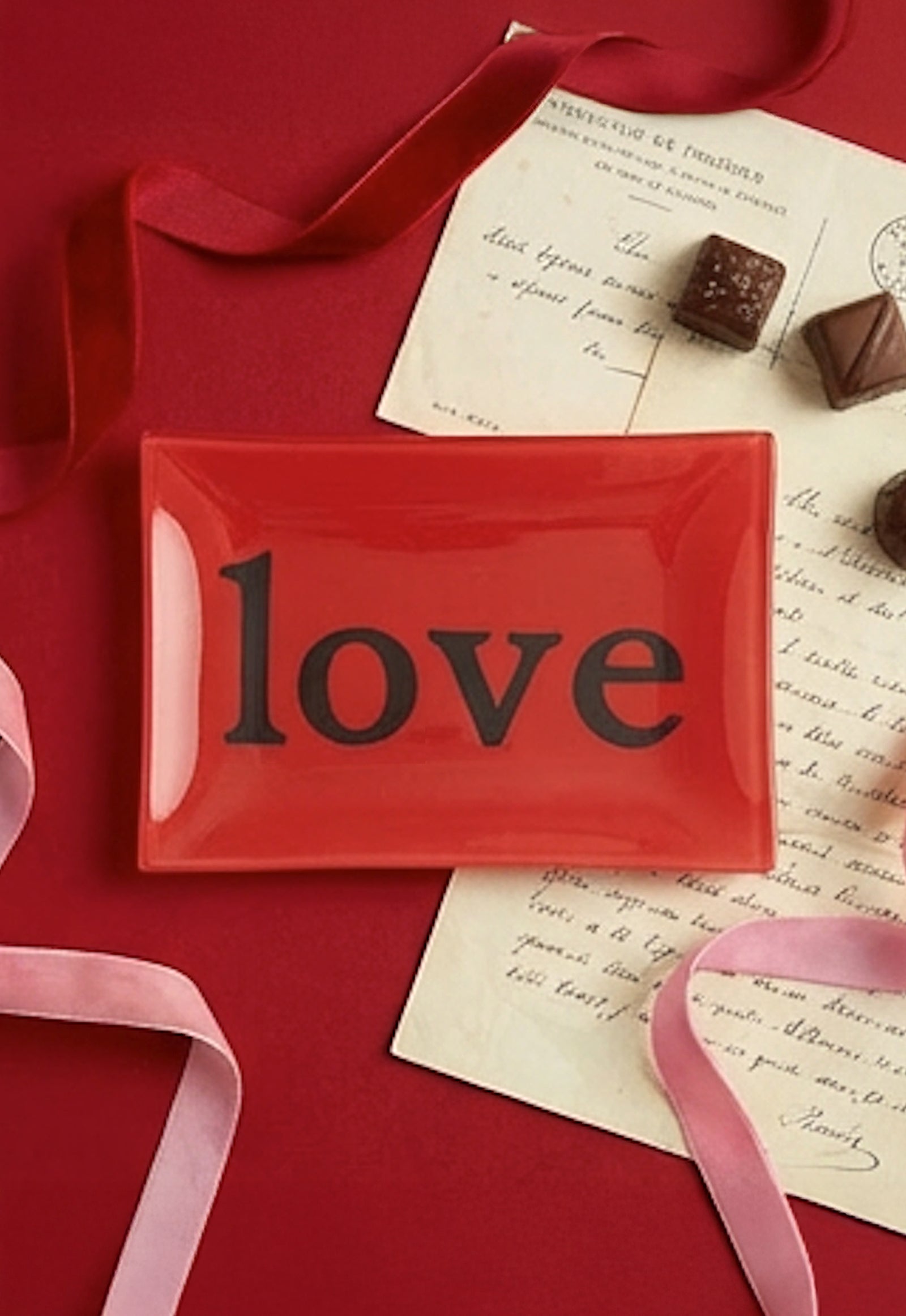 Crimson Love Typeset Decoupage Glass Tray