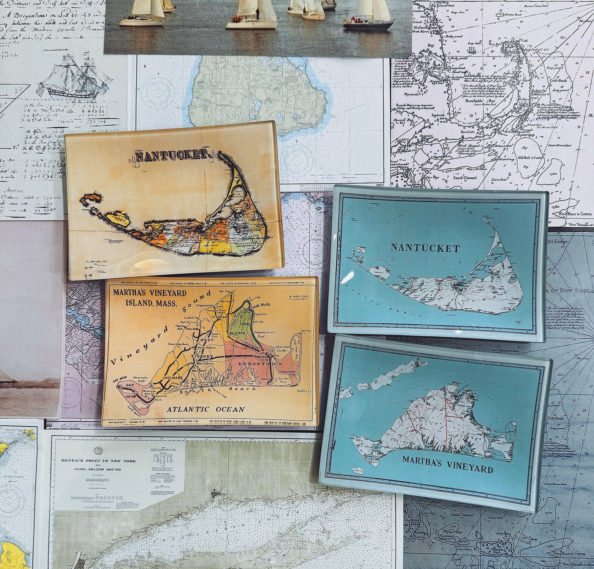 Nantucket Antique Map Decoupage Glass Tray - Bensgarden.com