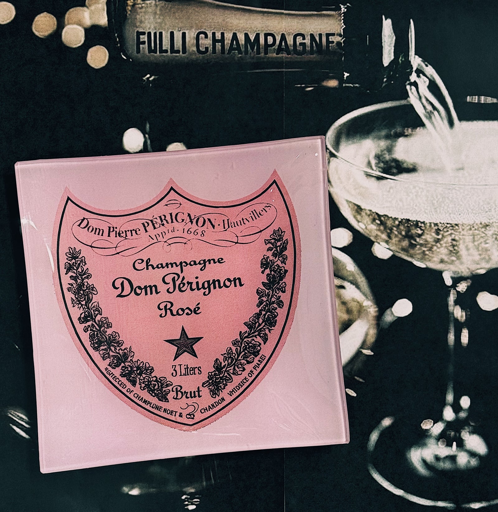 Vintage Dom Pérignon Rose Decoupage Glass Tray