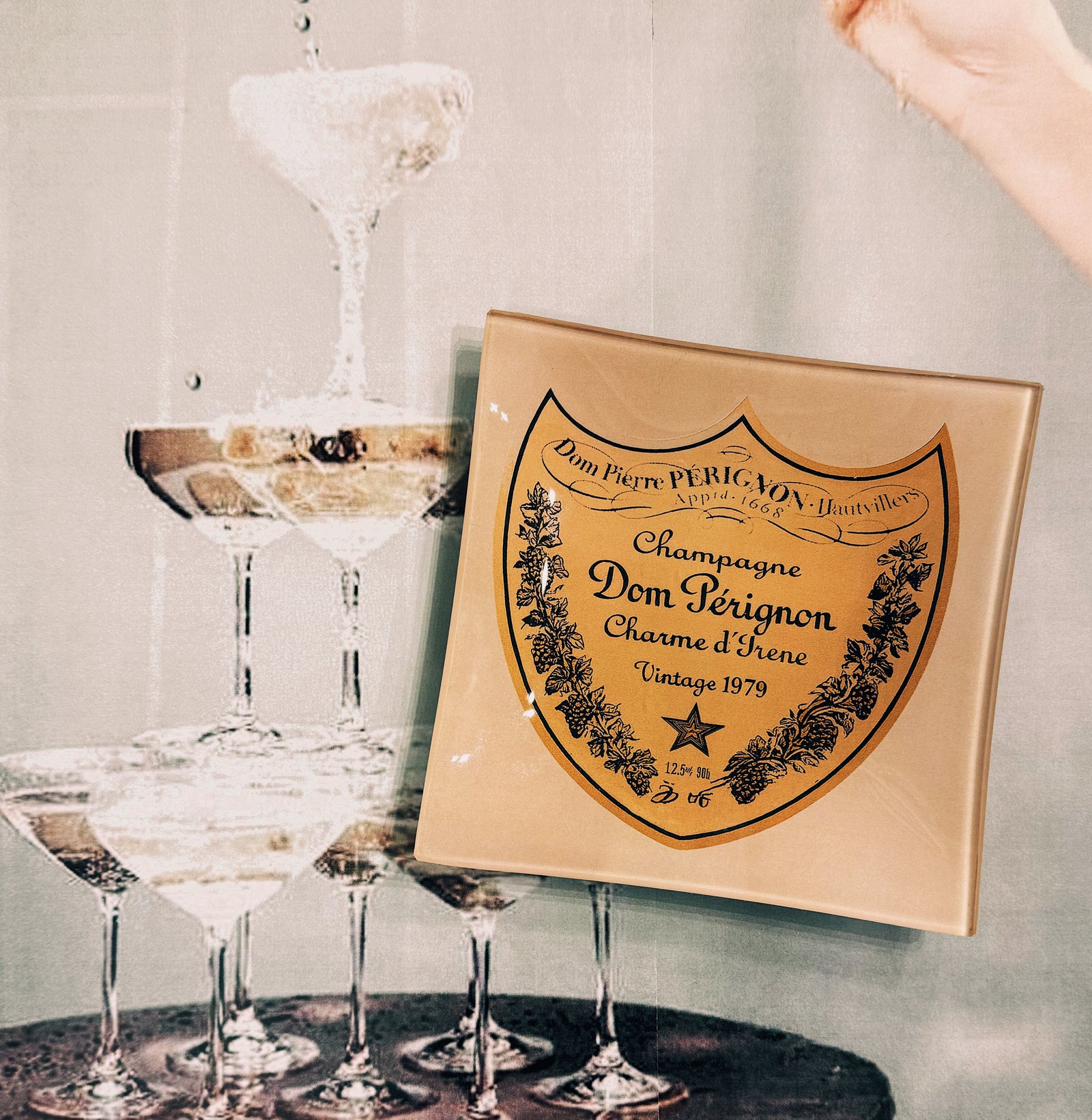 Vintage Dom Perignon Brut Decoupage Glass Tray
