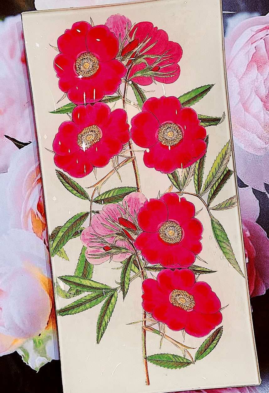 Pink Garden 5 Stem Roses Decoupage Glass Tray - Bensgarden.com