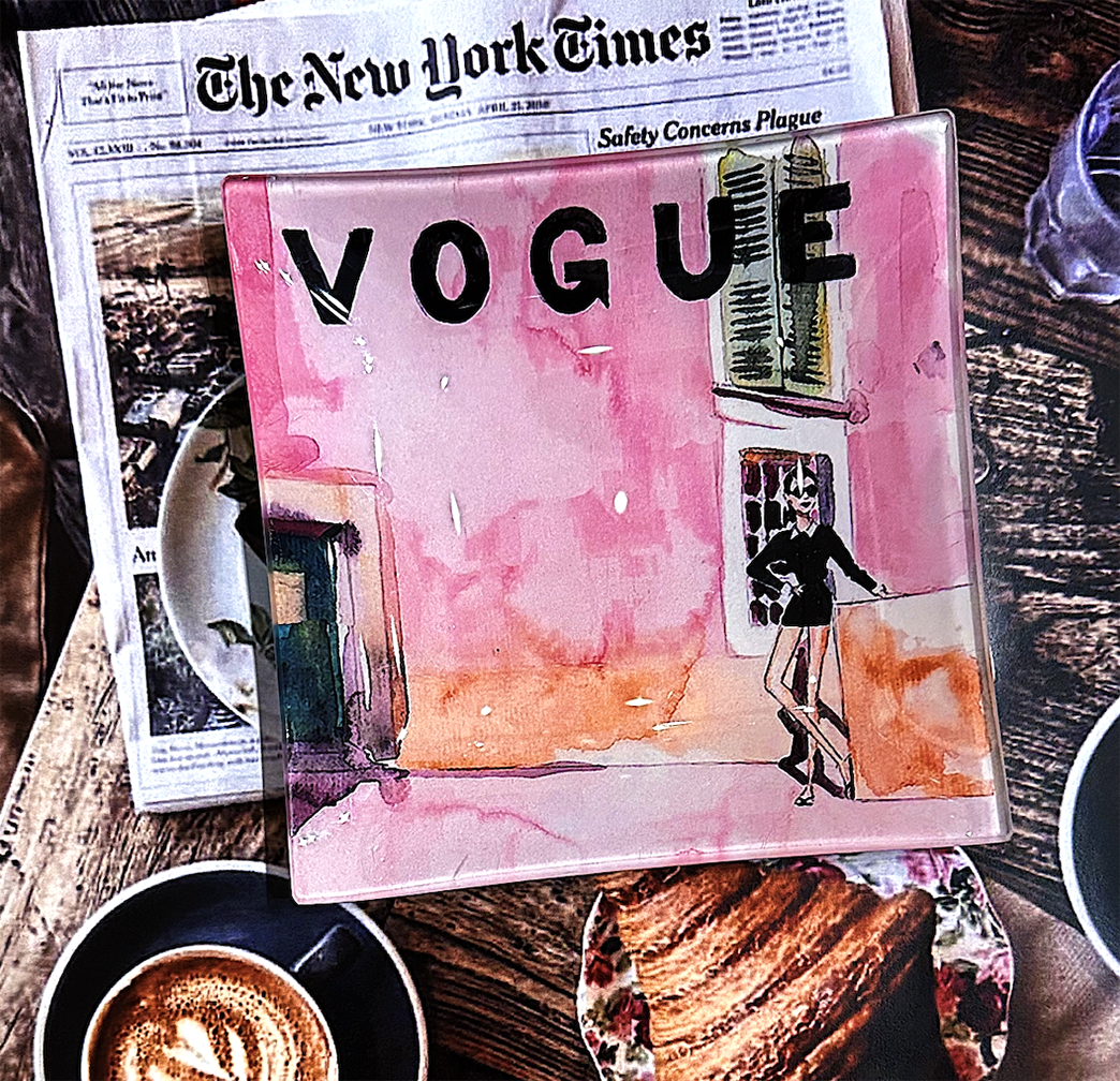 Bensgarden.com | Vogue Audrey Watercolor Decoupage Glass Tray - Ben's Garden. Made in New York City.