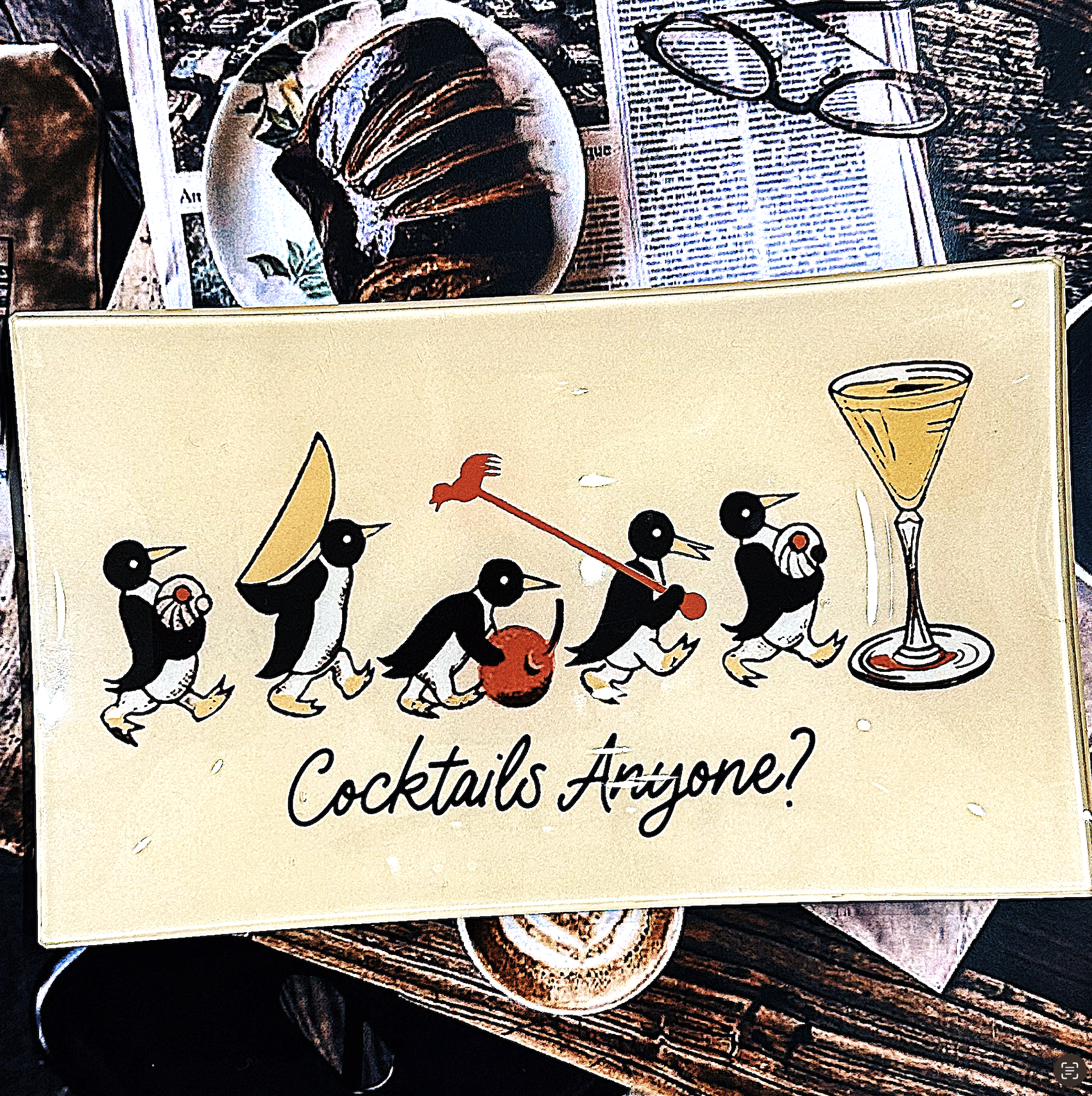 Bensgarden.com | Penguins Marching Cocktails Anyone Decoupage Glass Tray - Ben's Garden. Made in New York City.