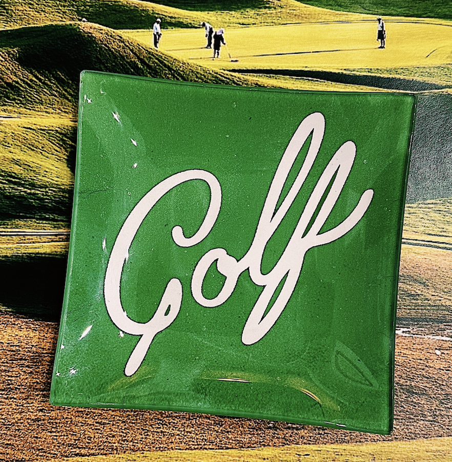 Bensgarden.com | Golf Script Decoupage Glass Tray - Ben's Garden. Made in New York City.