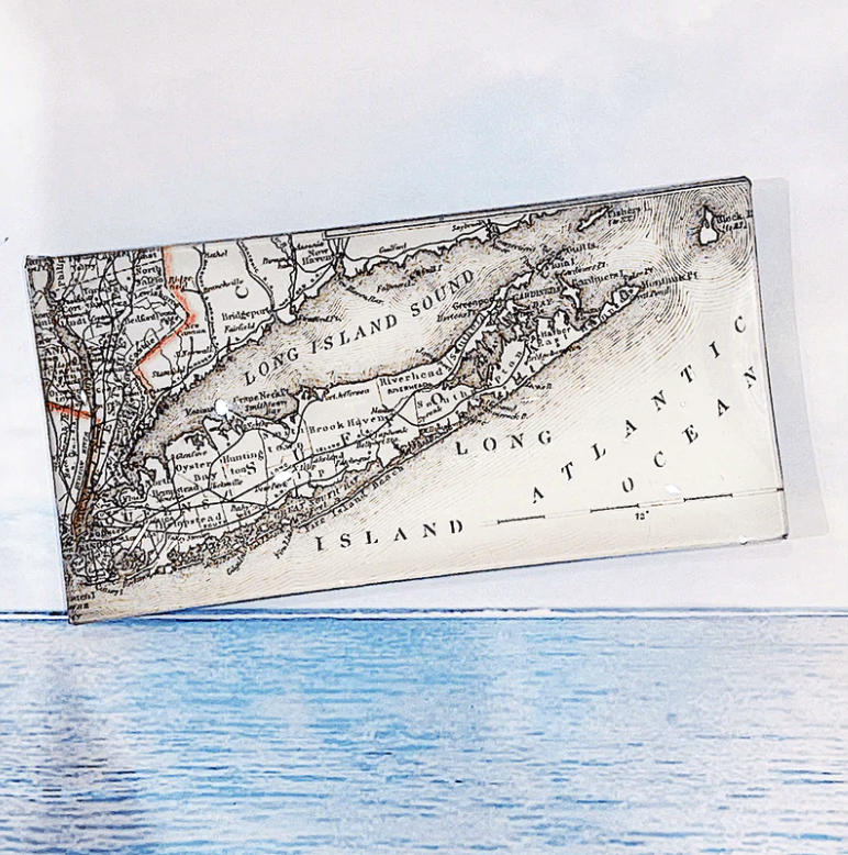 Vintage Long Island Map Decoupage Glass Tray