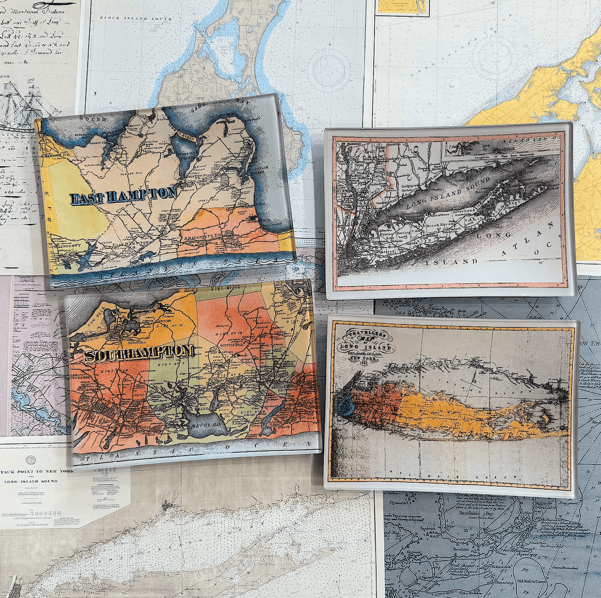Antique East Hampton, Long Island Estate Map Decoupage Glass Tray