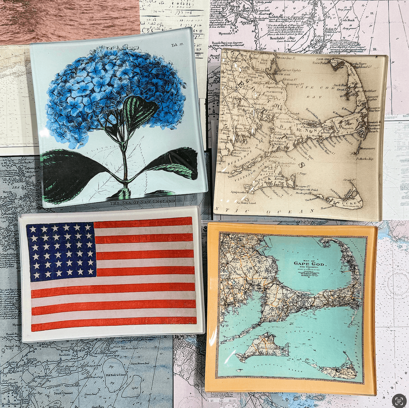 Vintage Cape Cod Map Decoupage Glass Tray - Bensgarden.com