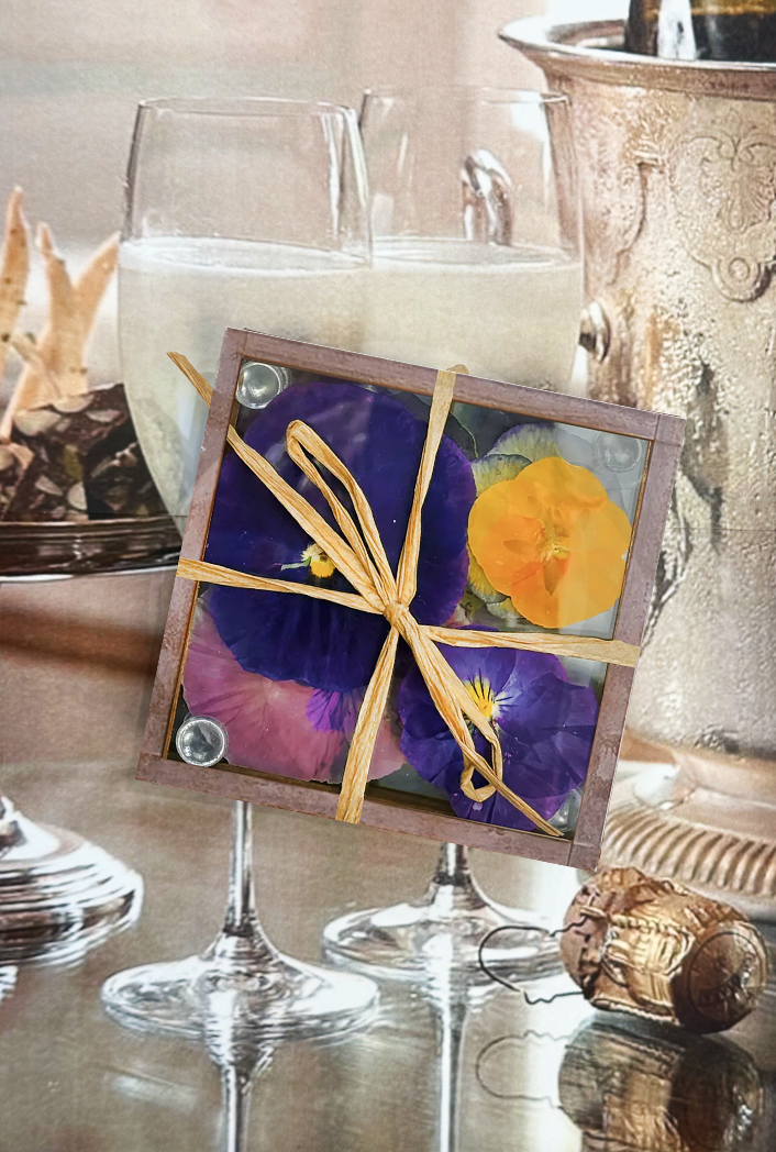 Pressed Flower Pansy Copper & Glass Coasters, Set/ 4