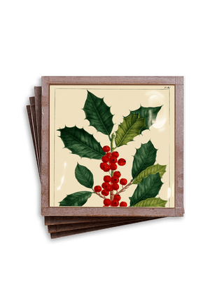 American Holly Holiday Copper & Glass Coaster, Set of 4 - Bensgarden.com