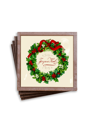 Joyeux Noel Wreath Holiday Copper & Glass Coaster, Set of 4 - Bensgarden.com