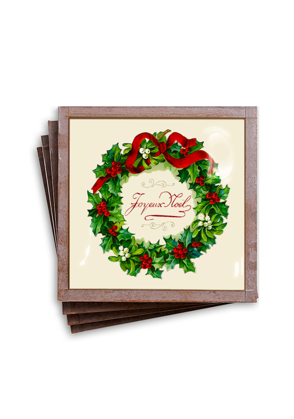 Bensgarden.com | Joyeux Noel Wreath Christmas Copper & Glass Coaster, Set of 4 - Ben's Garden. Made in New York City.
