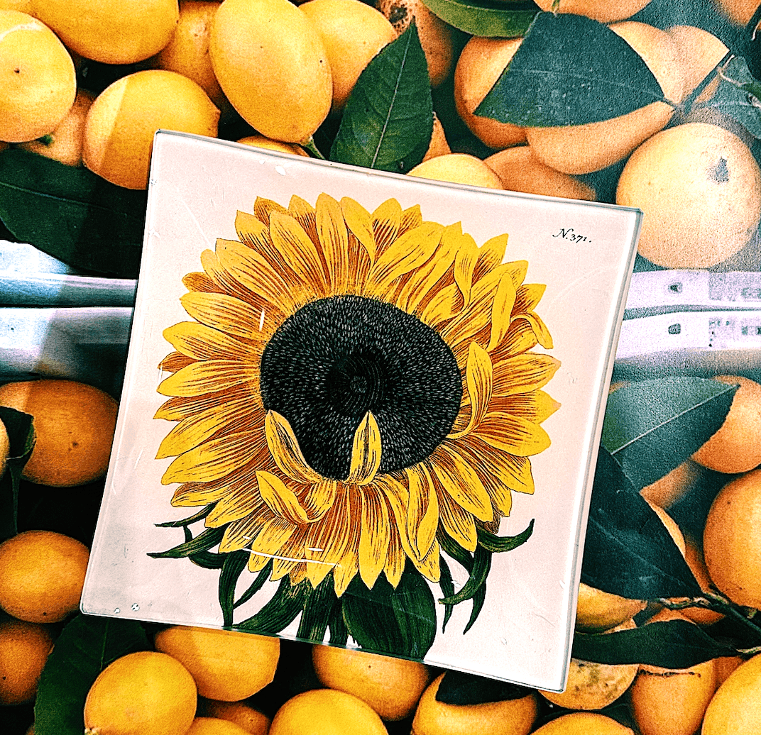 Yellow Sunflower Decoupage Glass Tray - Bensgarden.com