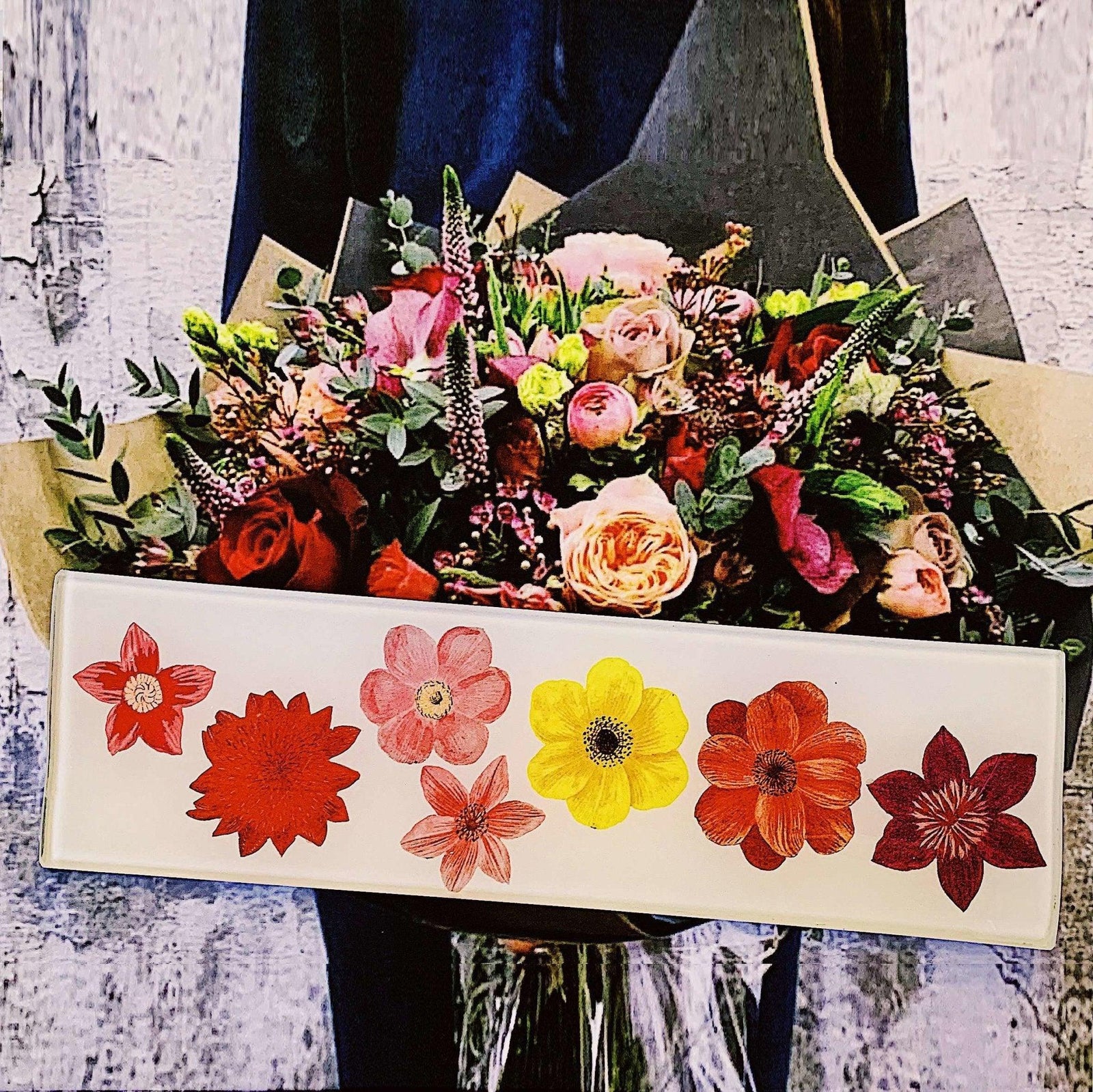 7 Colorful Flowers Decoupage Glass Tray - Bensgarden.com