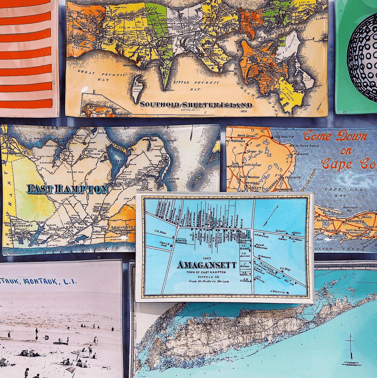Amagansett Vintage Map Decoupage Glass Tray - Bensgarden.com