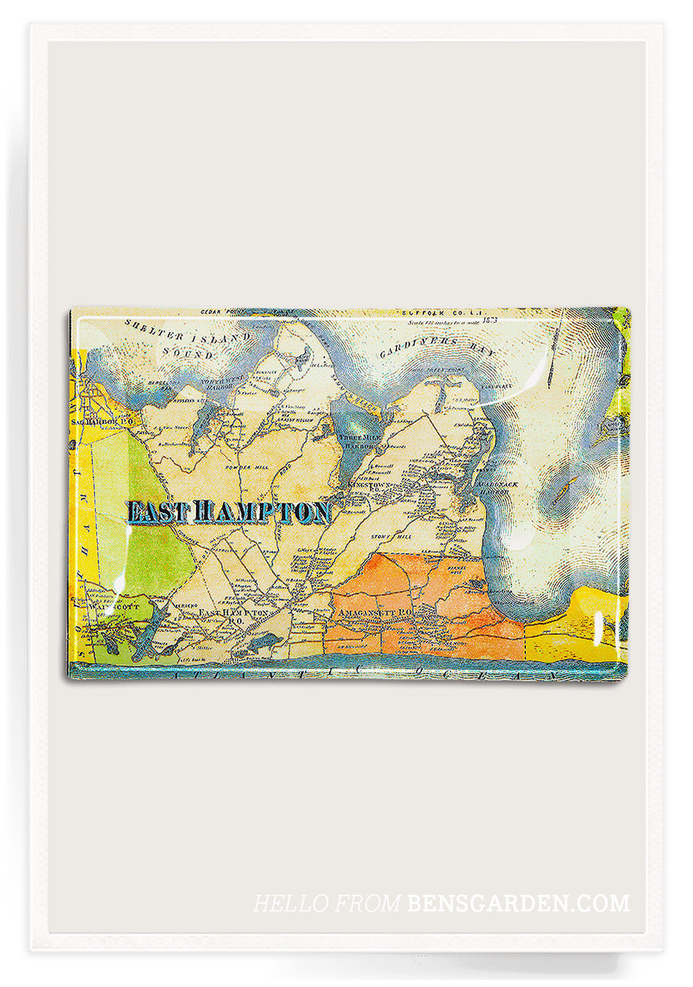 Antique East Hampton, Long Island Estate Map Decoupage Glass Tray - Bensgarden.com