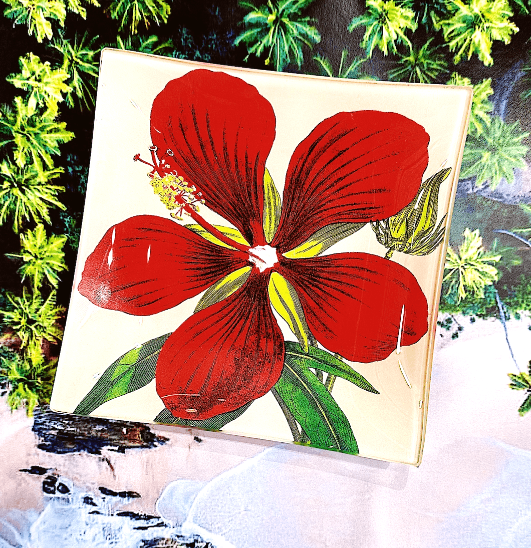 Crimson Hibiscus Flower Decoupage Glass Tray - Bensgarden.com