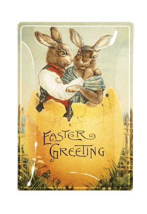 Easter Greeting Bunny Pair in Yellow Egg Decoupage Glass Tray - Bensgarden.com
