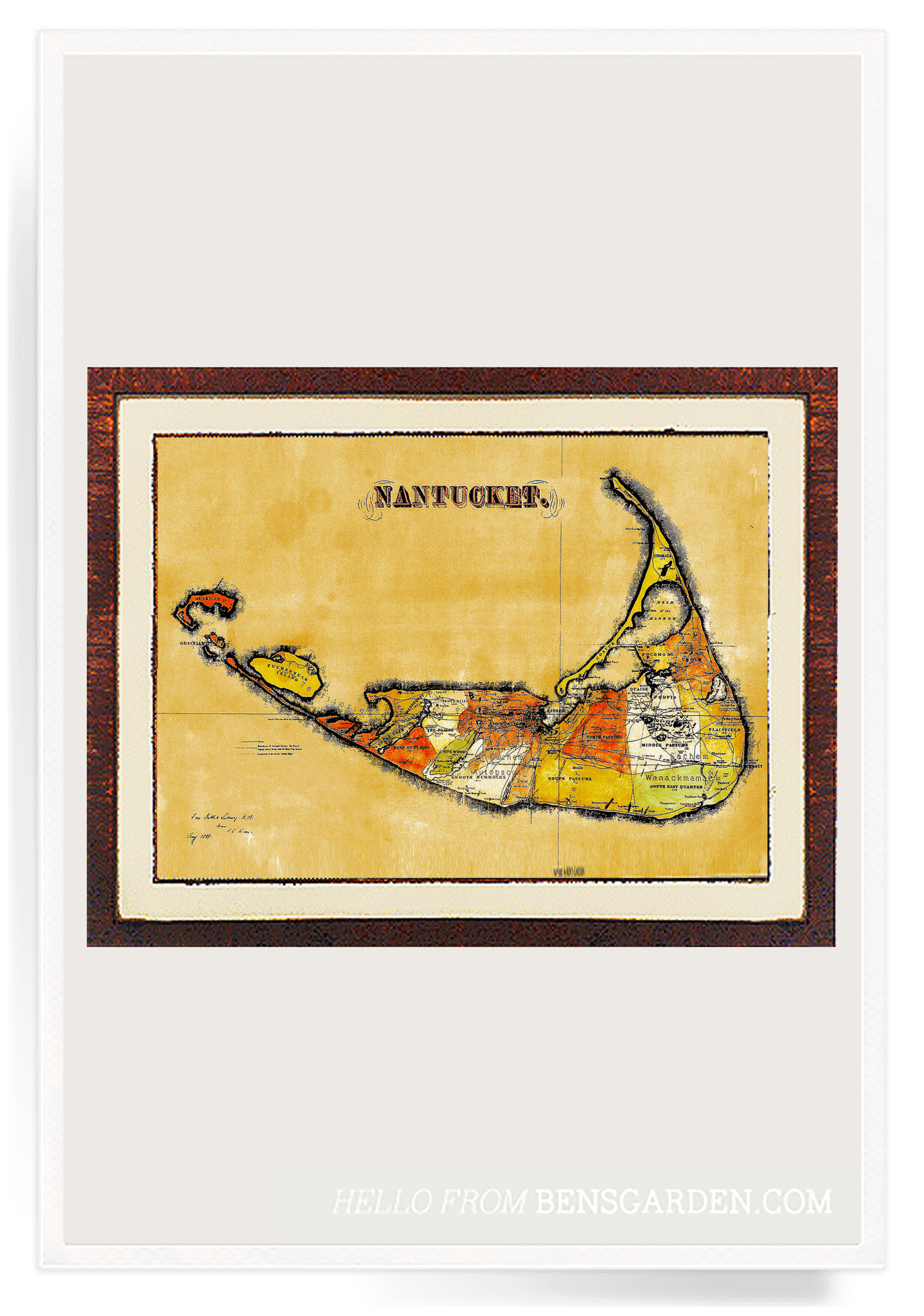 Hand Embellished Antique Nantucket Map Framed Artwork - Bensgarden.com
