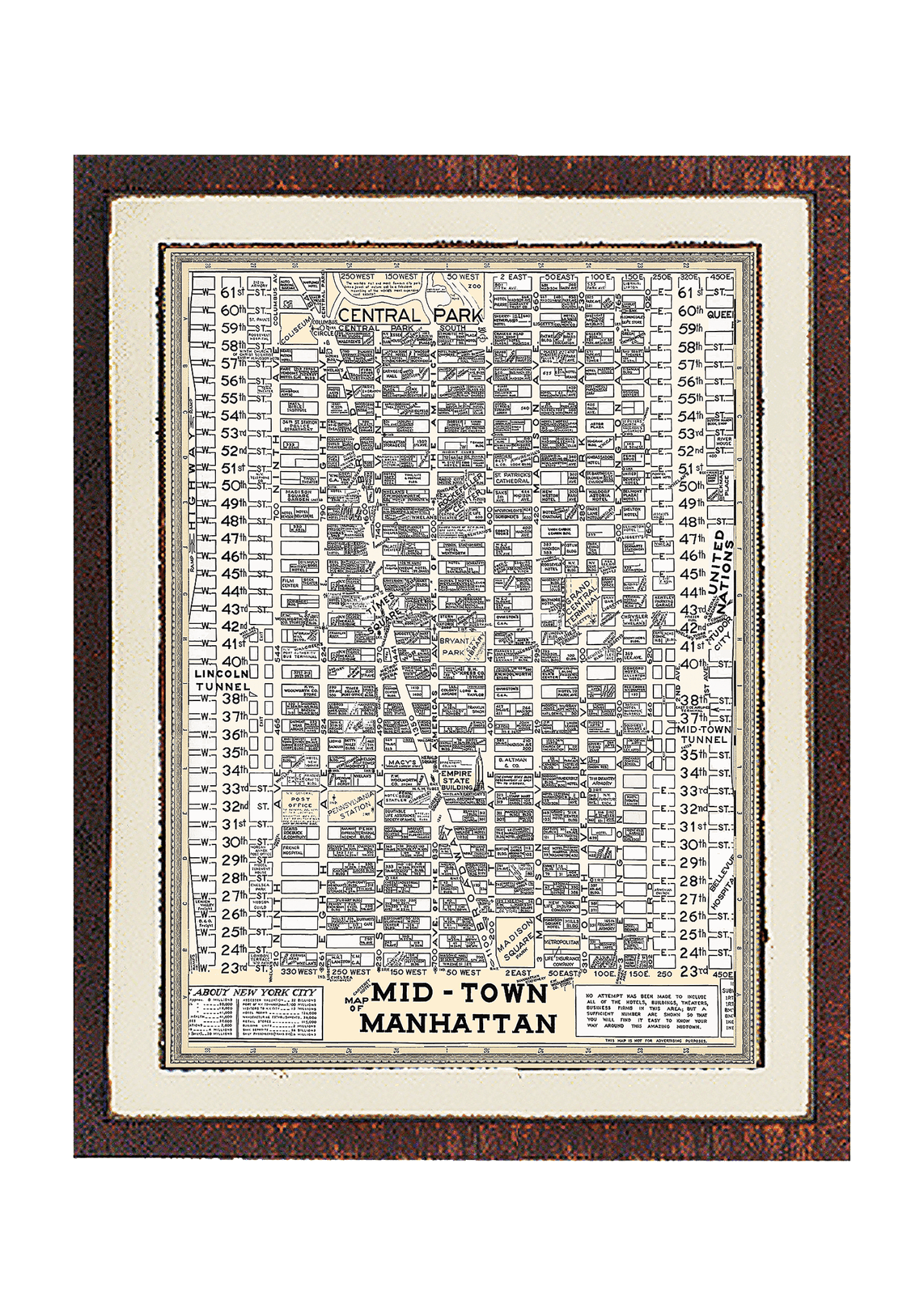 Hand Embellished Vintage Midtown Manhattan Map Framed Artwork - Bensgarden.com