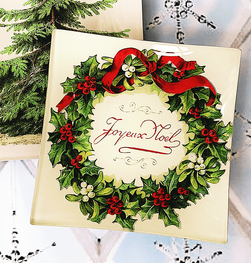 Joyeux Noel Wreath Decoupage Glass Tray - Bensgarden.com