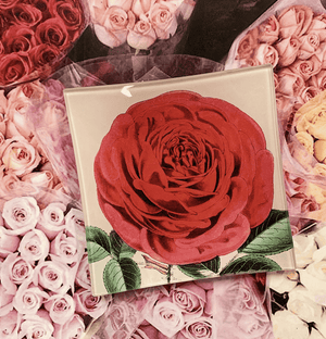 Rose Flower With Green Stem Decoupage Glass Tray - Bensgarden.com