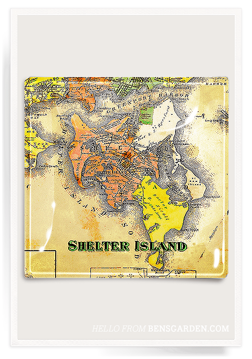 Shelter Island, Long Island, NY Decoupage Map Glass Tray - Bensgarden.com