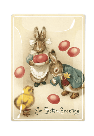 Two Bunnies and a Chick Easter Greeting Decoupage Glass Tray - Bensgarden.com