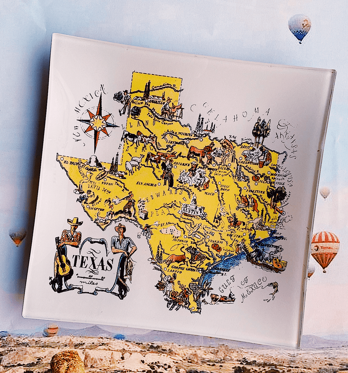 Vintage Texas Map Illustration Decoupage Glass Tray - Bensgarden.com
