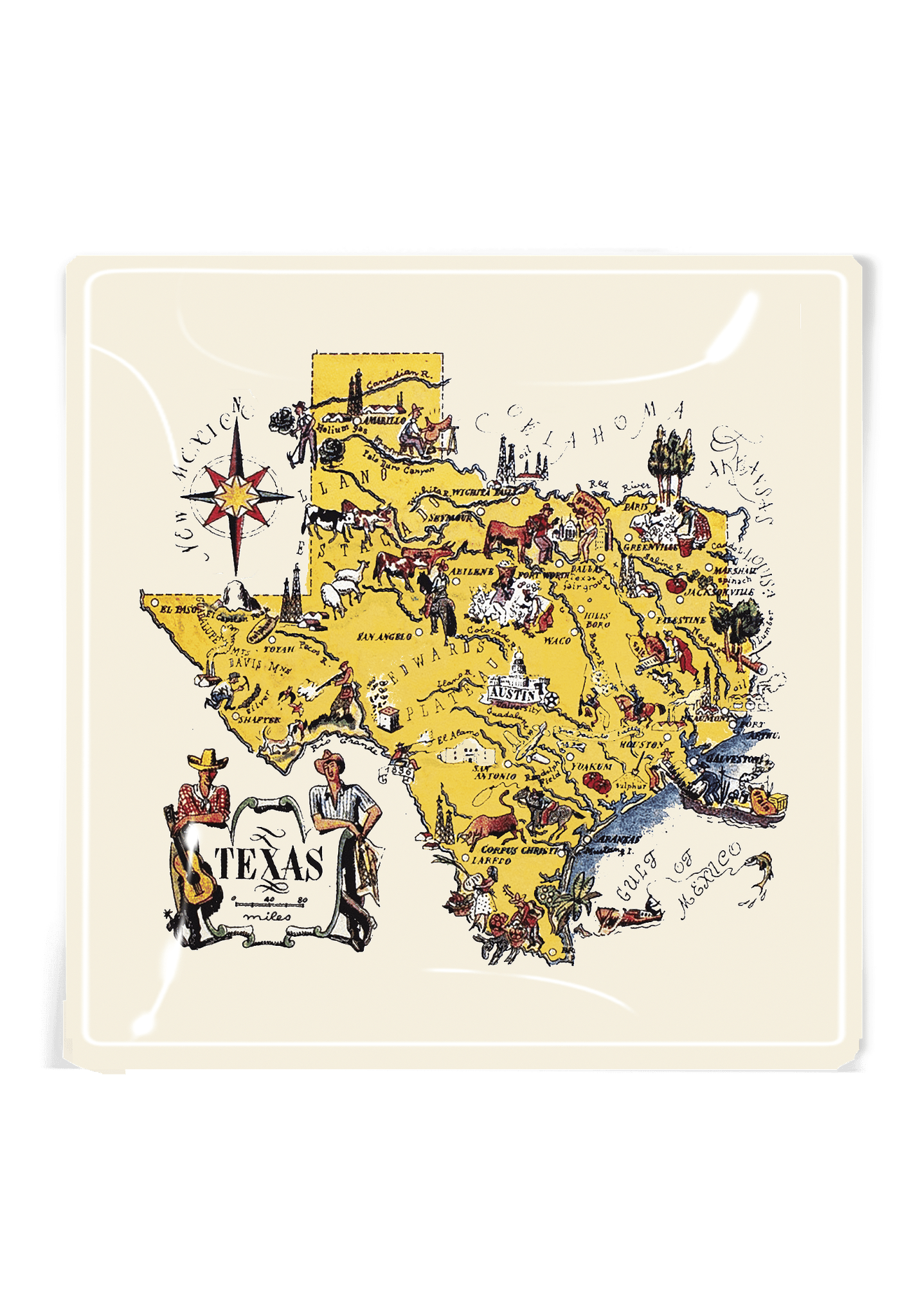 Vintage Texas Map Illustration Decoupage Glass Tray - Bensgarden.com