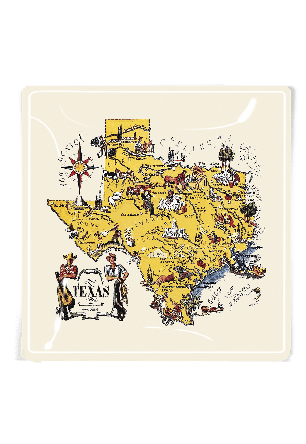 Vintage Texas Map Illustration Decoupage Glass Tray - Bensgarden.com
